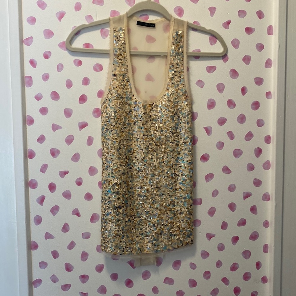 Porcelain Sequin Sheer Scoop Neck Top with Raw Hem Size Small